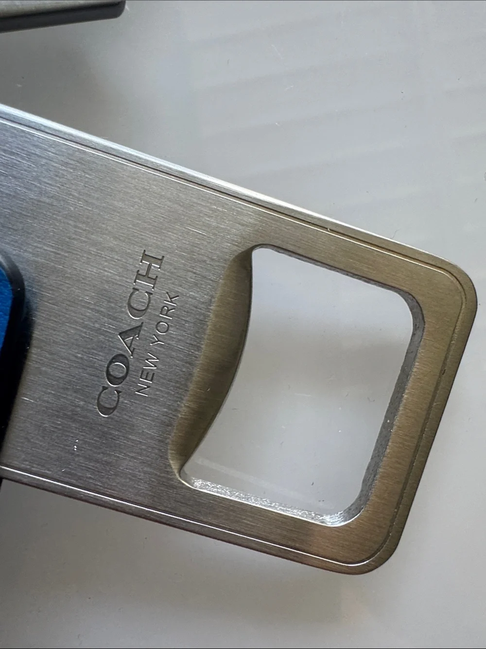 Coach Bottle Opener with Blue Leather  Logo Emblem